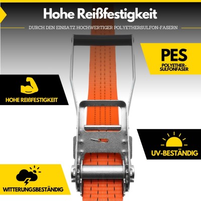 Fatbox Spanngurt mit Ratsche entspricht DIN EN12195-2, nur zurren, nicht heben 35mm x 6m, Orange, Losende Länge: 5,7m, Festende Länge: 0,3m