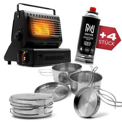 NAYVER Butangas Camping Heizung 1300Watt Bundle inkl. 4 Gaskartuschen Butan/Propan und Kochset 4.-tlg.