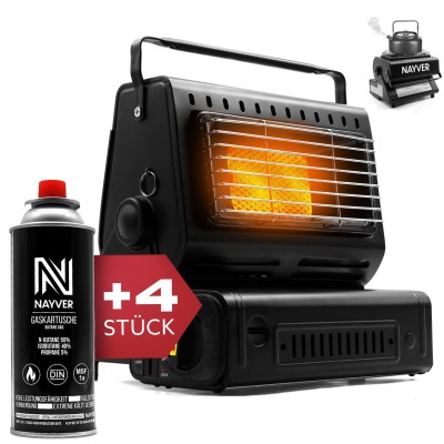 NAYVER Butangas Camping Heizung 1300Watt Bundle - Gasheizung inkl. 4 Gaskartuschen Butan